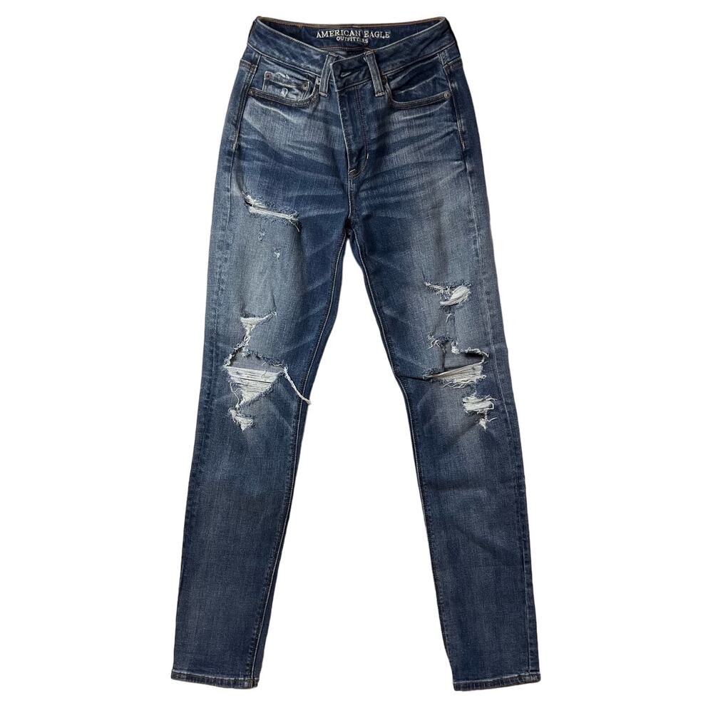 American Eagle Outfitters Vintage Hi Rise Slim Distressed Stretch Pants Med Wash